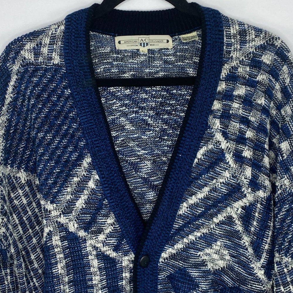 VTG AMERICAN CRUSADER Knit Cardigan Sweater Men's L Blue White Patchwork Grandpa - Picture 2 of 12